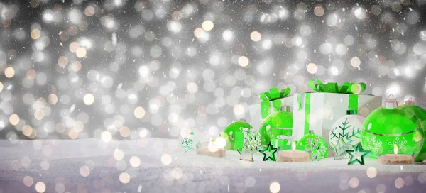 Groene en witte Kerstcadeaus en kerstballen op sneeuw 3D-rendering — Stockfoto