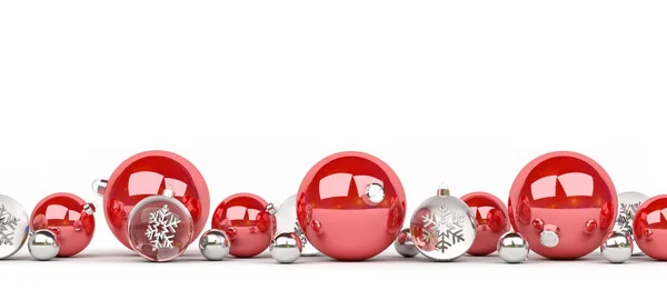 Red and white christmas baubles lined up 3D rendering — Stock Photo, Image