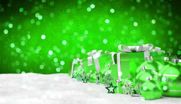 Зеленые и белые рождественские подарки и безделушки выстроились в линию 3D рендерина — стоковое фото