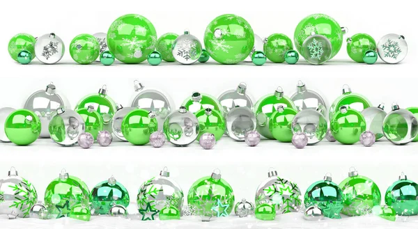 Green and white christmas baubles collection lined up 3D renderi — Stock Photo, Image
