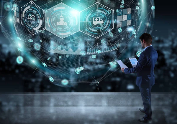 Tıbbi bir çatı 3d render arabirimde izlerken işadamı