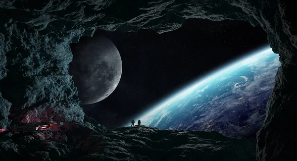 Космонавты исследуют пещеру в астероиде 3D рендеринга элементов — стоковое фото
