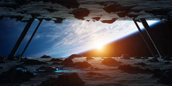 Astronautas explorando uma nave espacial de asteroides elementos de renderização 3D — Fotografia de Stock