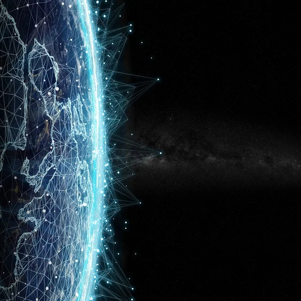 Kapcsolatok rendszer és adatok cseréje a planet Earth 3d render — Stock Fotó