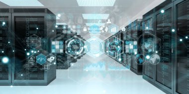 Sunucu Oda veri merkezi 3d render üzerinde uçan hologram grafik