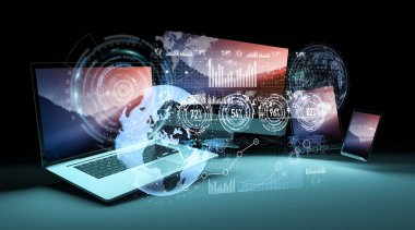 Modern cihazlarla 3d render önünde hologram arabirimi