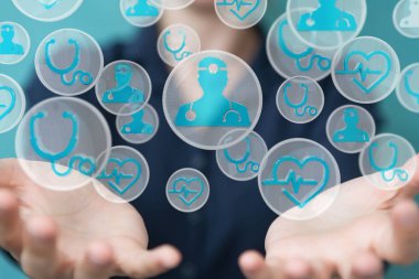 Modern tıbbi arabirimi 3d işlemesini kullanan iş kadını