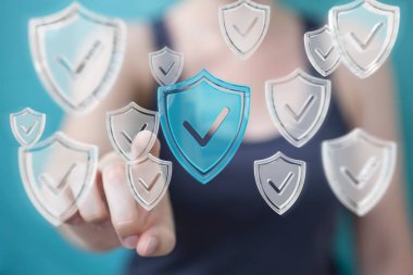 Modern veri kalkan virüsten koruma 3d işlemesini kullanan iş kadını