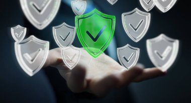 Modern veri kalkan virüsten koruma 3d işlemesini kullanan iş adamı