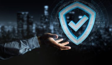 Modern veri kalkan virüsten koruma 3d işlemesini kullanan iş adamı