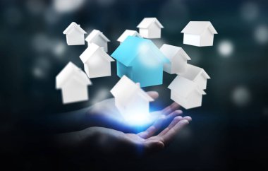 3D işlenmiş küçük beyaz ve mavi ev kullanarak iş adamı