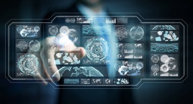 Dijital ekranlar hologramlar veriler 3d render ile kullanarak iş adamı