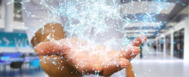 Uçan ağ bağlantısı 3d render tutan işadamı