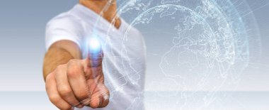 İşadamı 3d rende tarafından aktive uçan Dünya ağ arabirimi