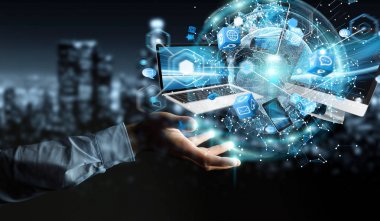 Teknik cihazlar birbirine işadamı 3d render tarafından bağlı