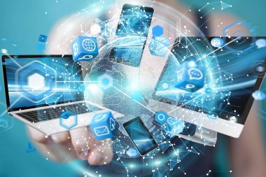 Teknik cihazlar işkadını 3d renderi ile birbirine bağlı