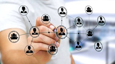 İşadamı kalem 3d render ile sosyal ağ bağlantısı kullanarak