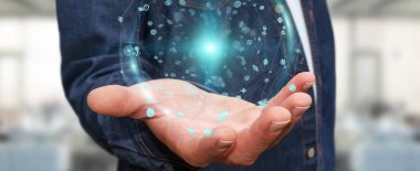 Hologram veriler dijital küre 3B oluşturmayı kullanarak iş adamı