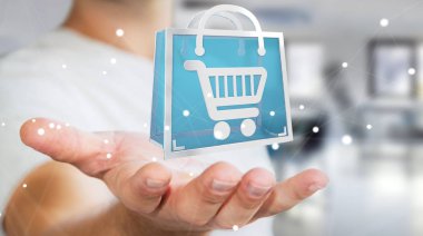 Dijital alışveriş simgeleri 3B oluşturmayı kullanarak iş adamı