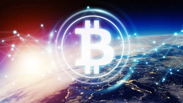 Bitcoins değişim Planet Earth 3d render — Stok fotoğraf
