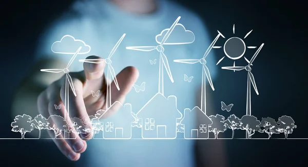 Geschäftsmann rührt Sketch über erneuerbare Energien an — Stockfoto