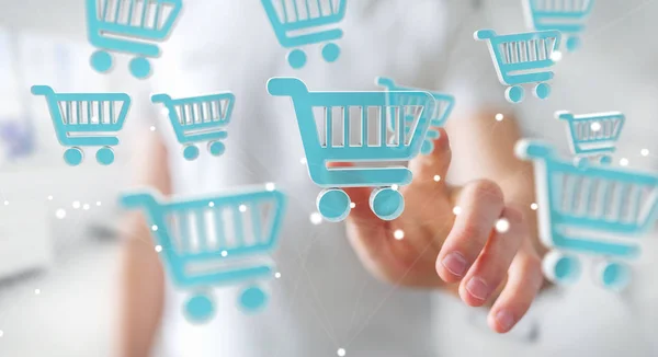 Empresario usando iconos de compras digitales renderizado 3D —  Fotos de Stock