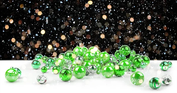 Green and white christmas baubles 3D rendering