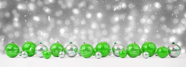 Boules de Noël vertes et blanches alignées rendu 3D — Photo