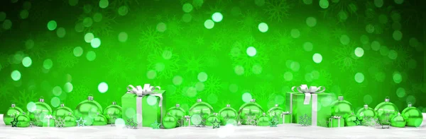 Presentes de Natal verdes e brancos e bugigangas alinhados renderin 3D — Fotografia de Stock