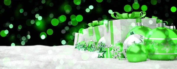 Green and white christmas gifts and baubles lined up 3D renderin