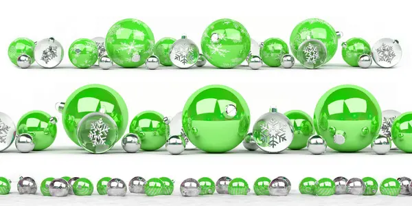 Up 3D renderi kaplı yeşil ve beyaz Noel baubles toplama — Stok fotoğraf