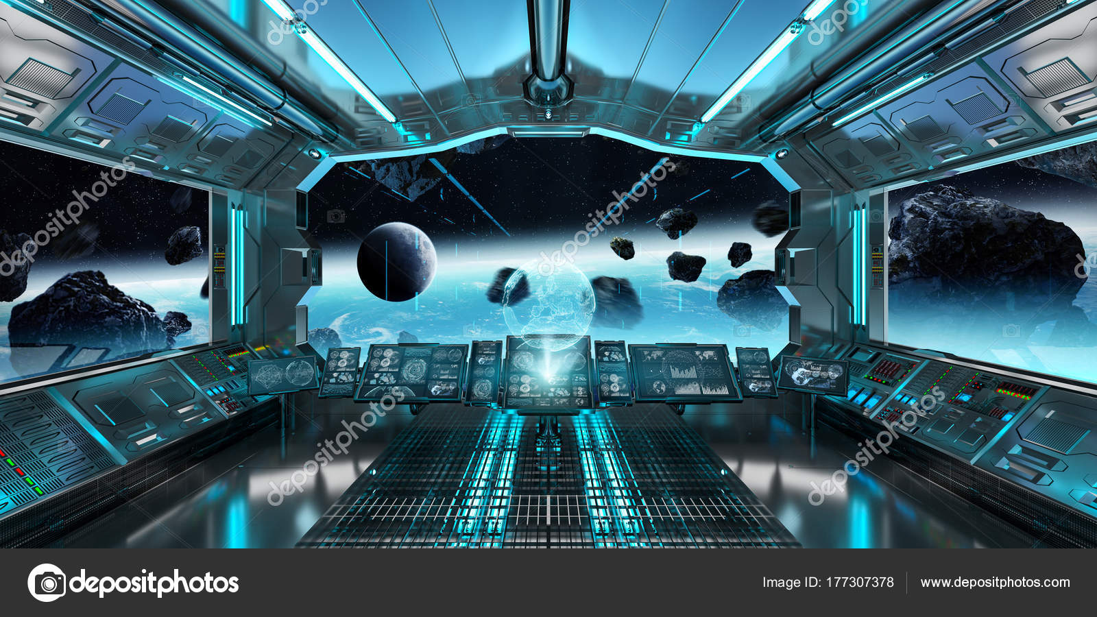 Spaceship Interior With View On The Planet Earth 3d