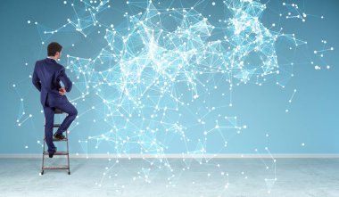 Bir duvara 3d render bağlantı ağ kullanarak iş adamı