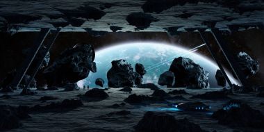 Astronotlar bir asteroit uzay gemisi 3d işleme öğeleri keşfetmek