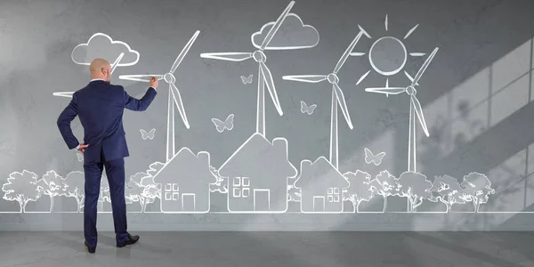 Επιχειρηματίας σχεδίασης ανανεώσιμης ενέργειας σκίτσο σε έναν τοίχο 3d renderi — Φωτογραφία Αρχείου