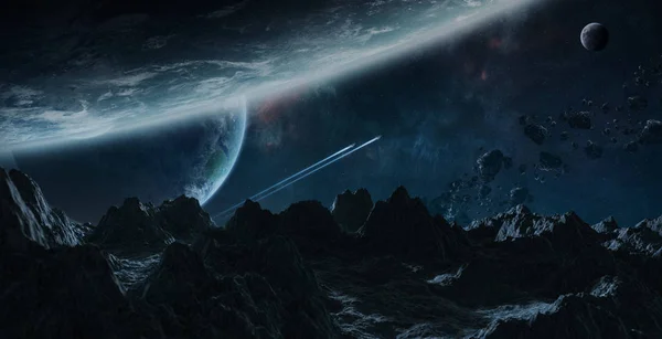 Asteroïden vliegen Kortbij planeten 3d rendering onderdelen van deze — Stockfoto