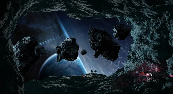 Astronauterna att utforska en grotta i Asteroiden 3d rendering element av — Stockfoto