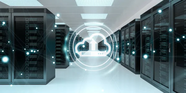 Icono de nube descargando datos en el centro de la sala de servidores renderizado 3D — Foto de Stock