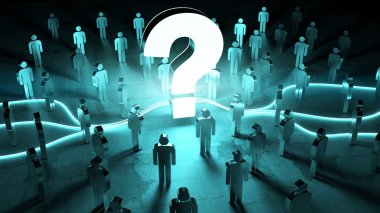 Soru işareti bir grup insan 3d render aydınlatıcı