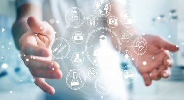 Modern tıbbi arabirimi 3d işlemesini kullanan iş adamı