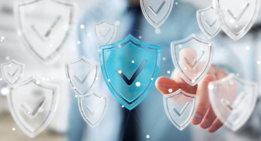 Modern veri kalkan virüsten koruma 3d işlemesini kullanan iş adamı