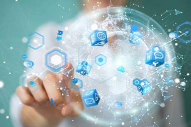 Uçan Dünya ağ arabirimi 3d işlemesini kullanan iş kadını