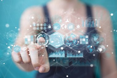 Hologram veriler dijital ekranlar 3d render kullanarak iş kadını