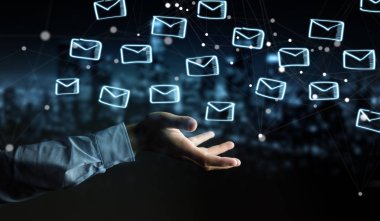 Holding ve yüzen dokunmadan işadamı kroki e-postaları