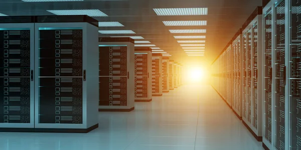 Sala de servidores centro de datos interior 3D renderizado — Foto de Stock