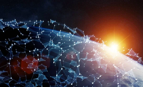 Globala nätverk och datas utbyten över planeten jorden 3d rämna — Stockfoto