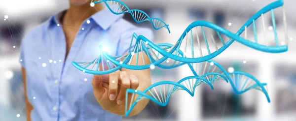 Mulher de negócios usando a moderna estrutura de DNA 3D renderização — Fotografia de Stock