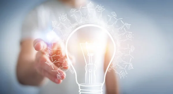 Affärsman röra förnybara eco glödlampa skiss — Stockfoto
