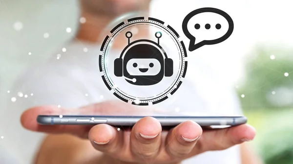 Uomo d'affari chatta con l'applicazione chatbot rendering 3D — Foto Stock