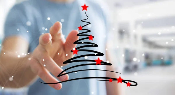 Businessman holding and touching christmas trees sketch